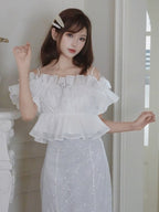 White Ruffle Chiffon Cami with Beaded Straps - Smyster - image 1