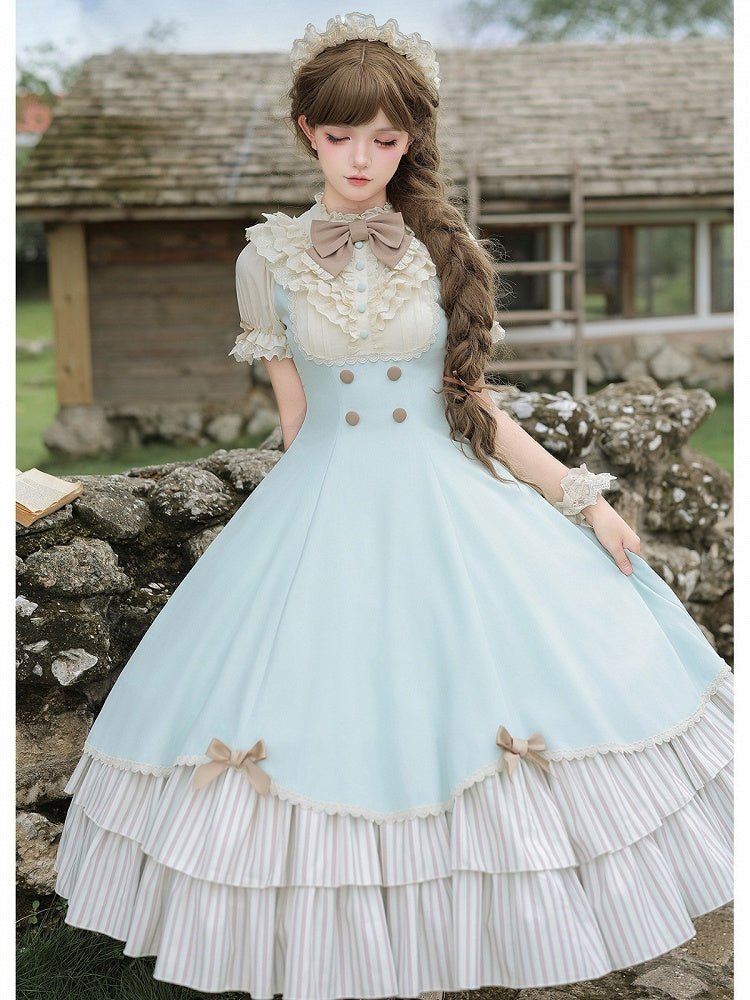 Beige and Blue Puff-Sleeve Lolita OP with Scalloped Hem and Butterfly Bows - image 4