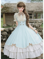 Beige and Blue Puff-Sleeve Lolita OP with Scalloped Hem and Butterfly Bows - image 4