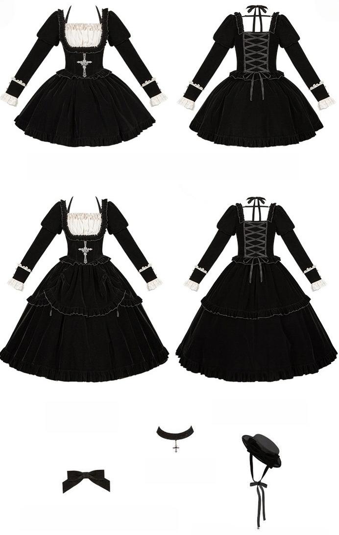 Apocalypse - Gothic Lolita Velvet OP Dress Set, Fishbone Waist - image 30