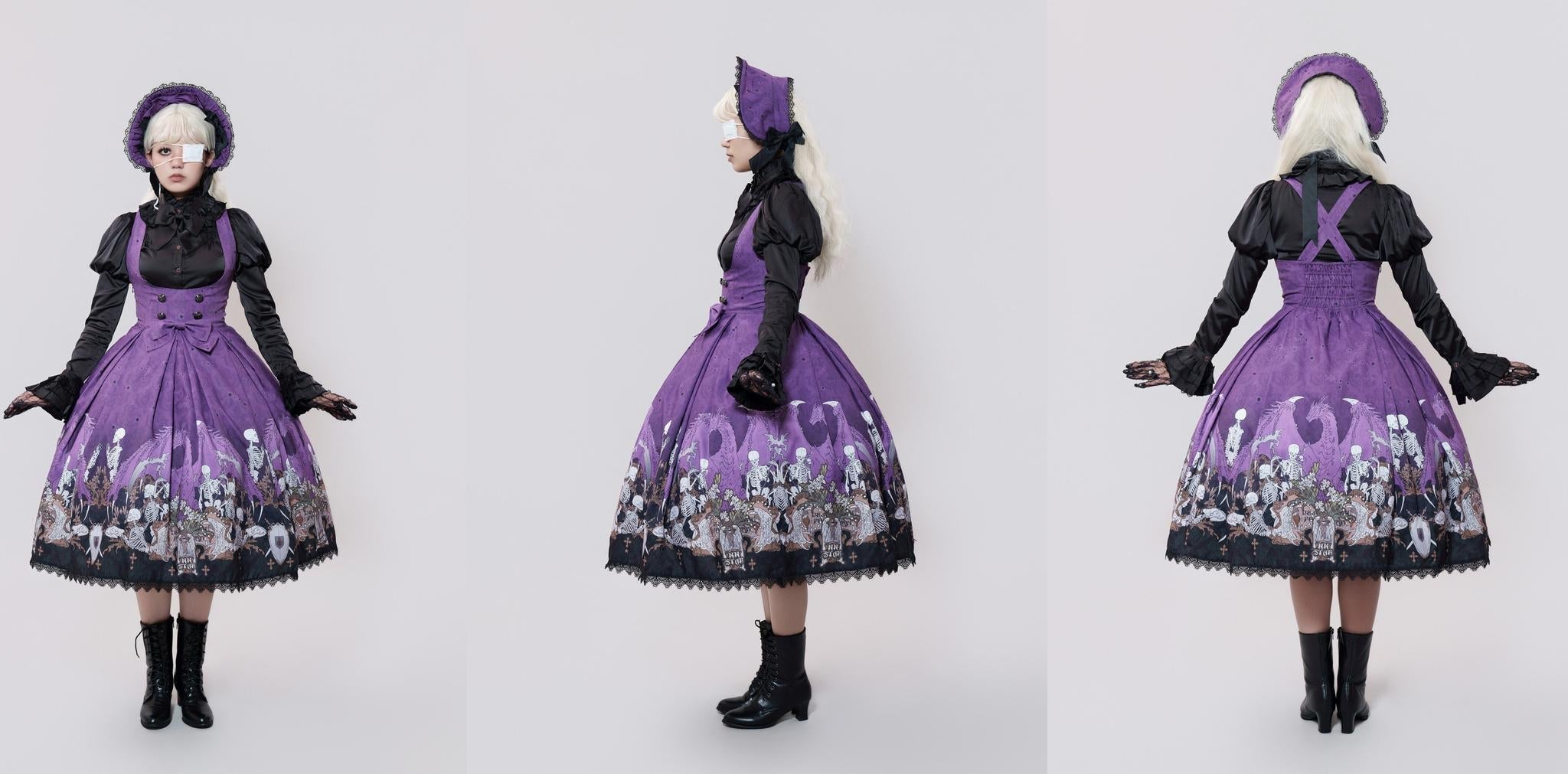 Dragon Bone Lily - Vintage Gothic Lolita Dragon & Skeleton Print JSK Dress and Accessories - image 3
