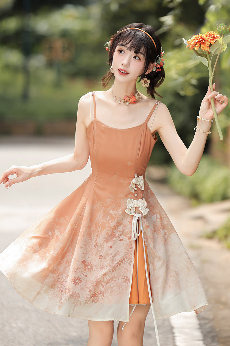 Orange Chrysanthemum Print Chinese-Inspired Lolita JSK Dress Set - image 7