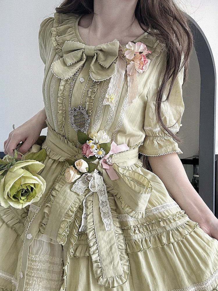 Green Layered-Ruffle Elegant Lolita Dress with Front Button Placket - image 6