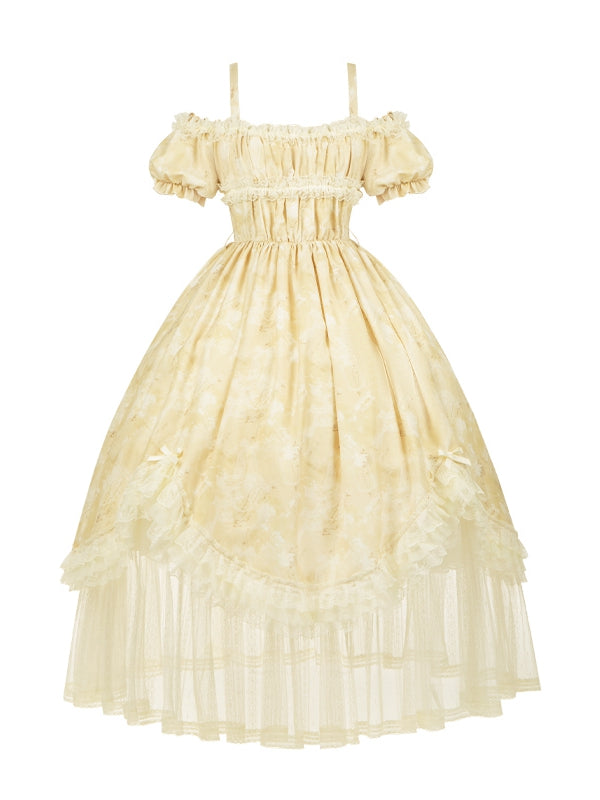 Butterfly Print Light Yellow Off-Shoulder Lolita OP Dress - image 1