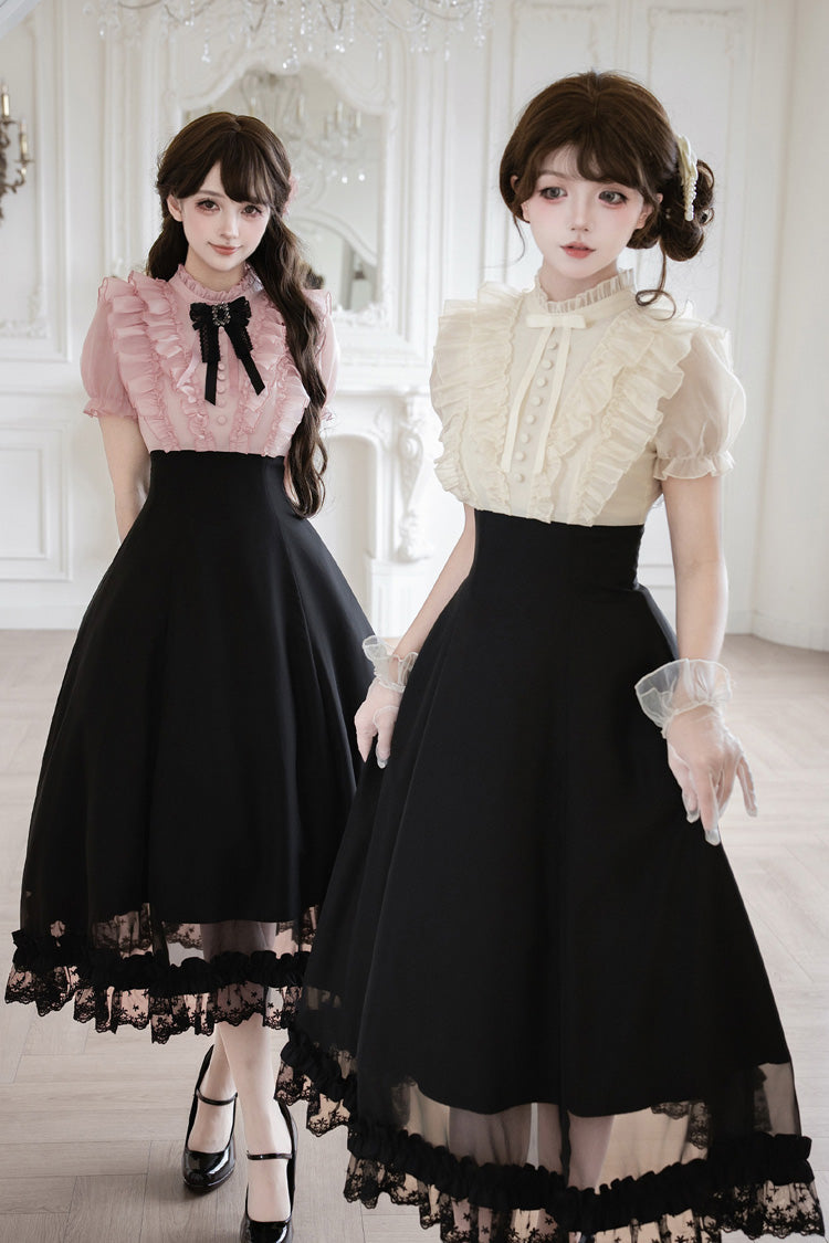 Miss Lola · Snow Kiss - Stand Collar Short Puff Sleeves Ruffled Color-Blocked Faux Two-Piece Sweet Lolita Long Dress 3 Colors - image 10