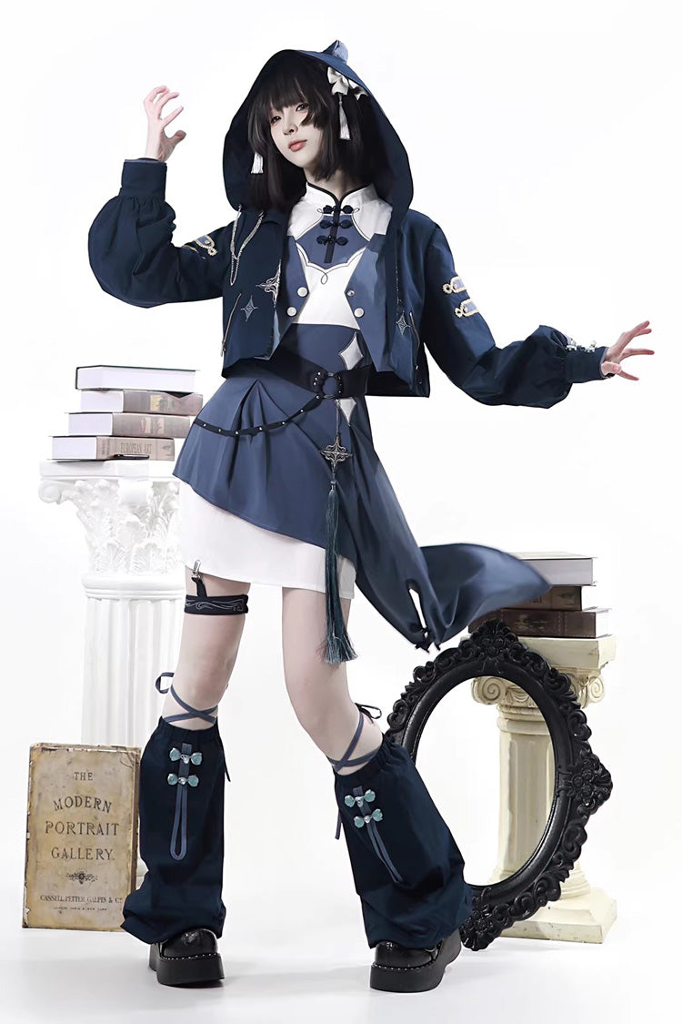 Indigo Shadow Journey - Stand Collar Long Sleeves Embroidered Hooded Asymmetric Punk Ouji Lolita Dress Four-Piece Set - image 7