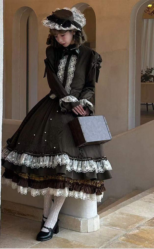 Embroidered Classic Lolita OP Dress, Lace Trim Shirt and Accessories - image 9