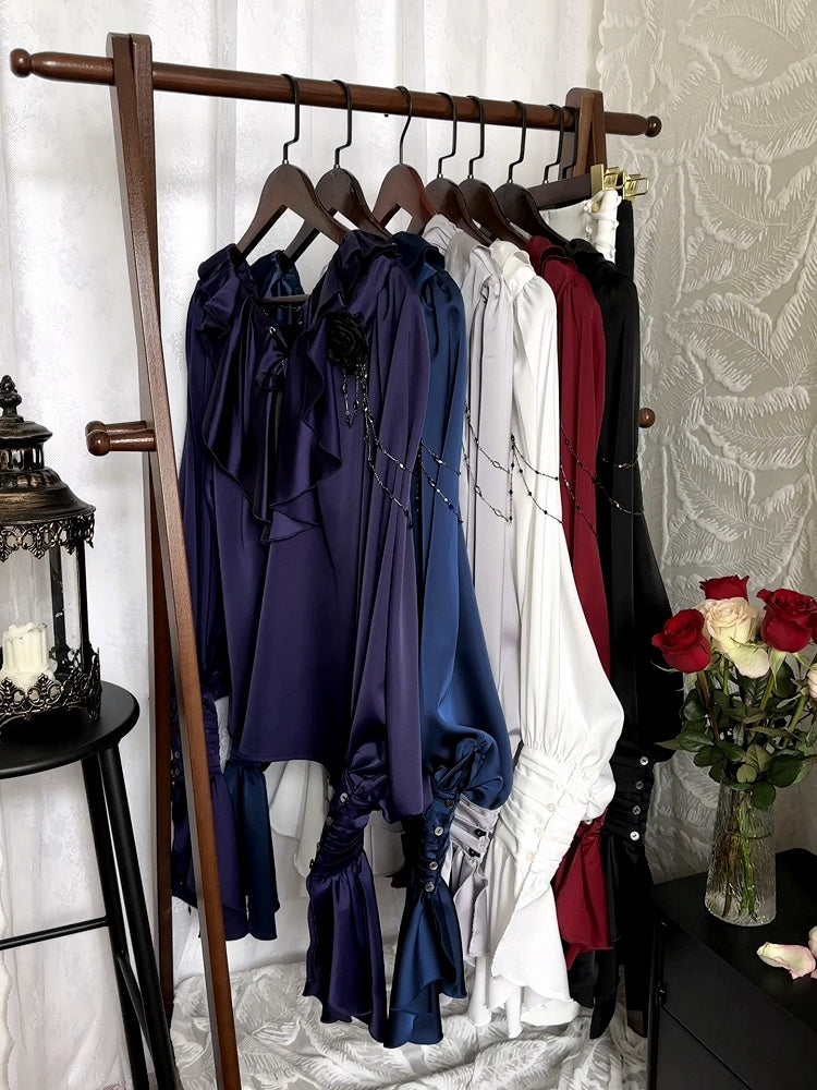 Lilac Lace-Up Ruffle Shirt with Black Flower Chains - Shi Zhi Mao - image 6