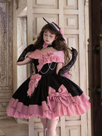 Pink and Black Roses Off-Shoulder Lolita Boned Dress, Choker and Hat Set - image 9