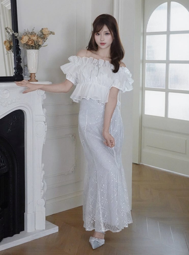 White Ruffle Chiffon Cami with Beaded Straps - Smyster - image 4