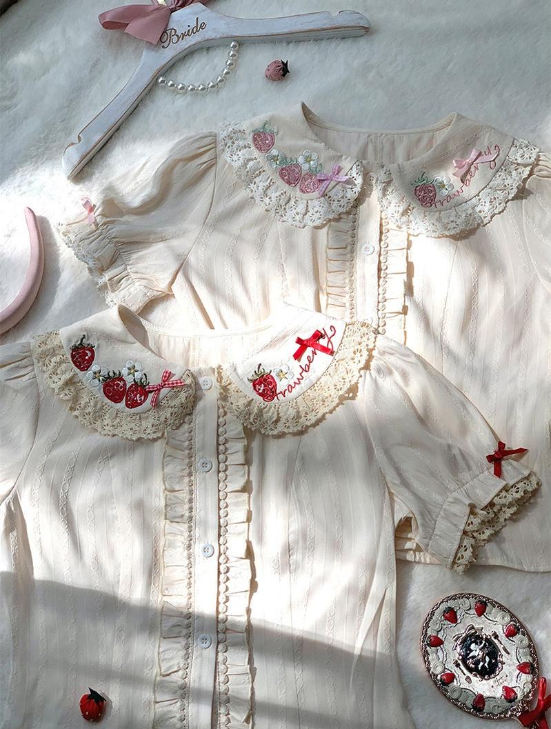 Sweet Lolita Jacquard Blouse, Strawberry Embroidery Collar - image 5