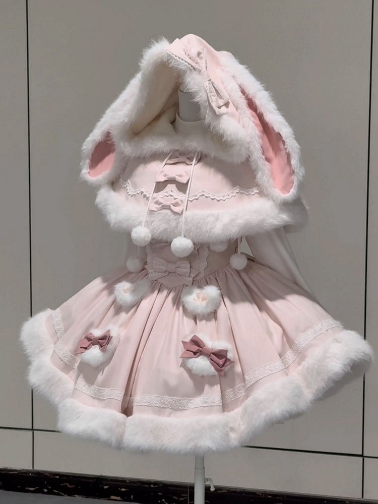 Bunny Ears Hooded Cape - Sweet Lolita Pink & White Faux Fur Dress and Accessories - image 1