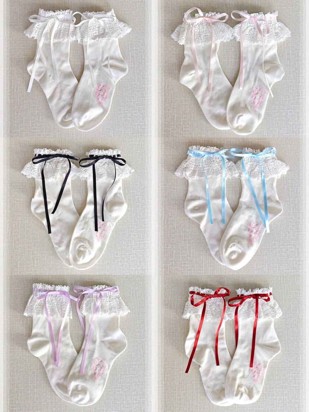 Cotton Old School Lolita White Socks with Colorful Ribbon Bows - image 1