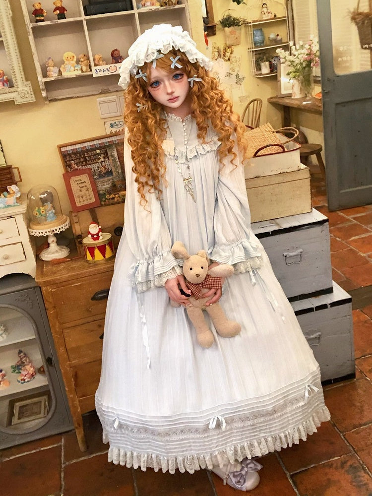 Blue Lace-Trim Long-Sleeve Lolita OP Dress with Ruffles - image 1
