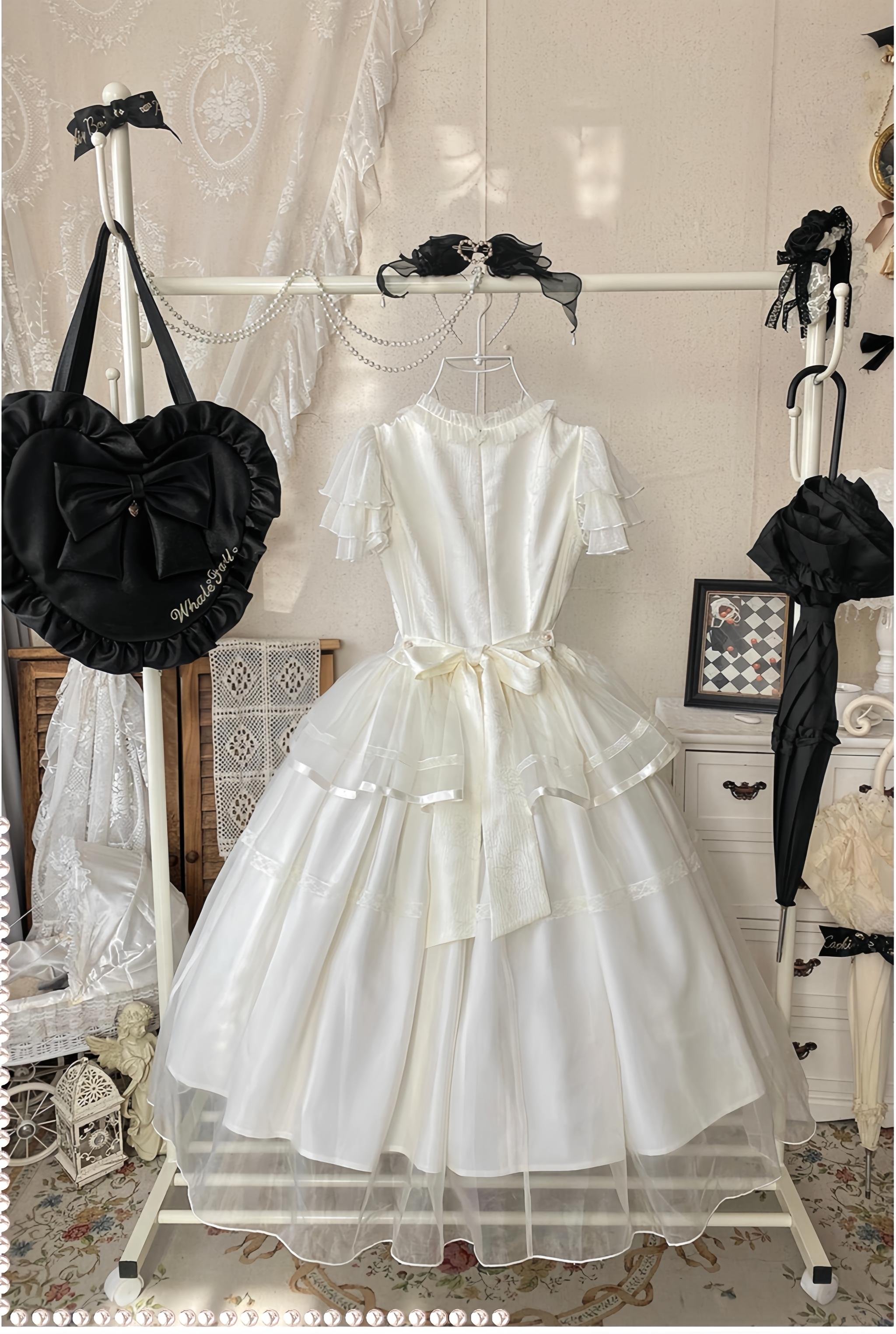 White Bird Love Letter - Classic Lolita Jacquard OP Dress, Embroidered Tulle Hem and Accessories - image 3