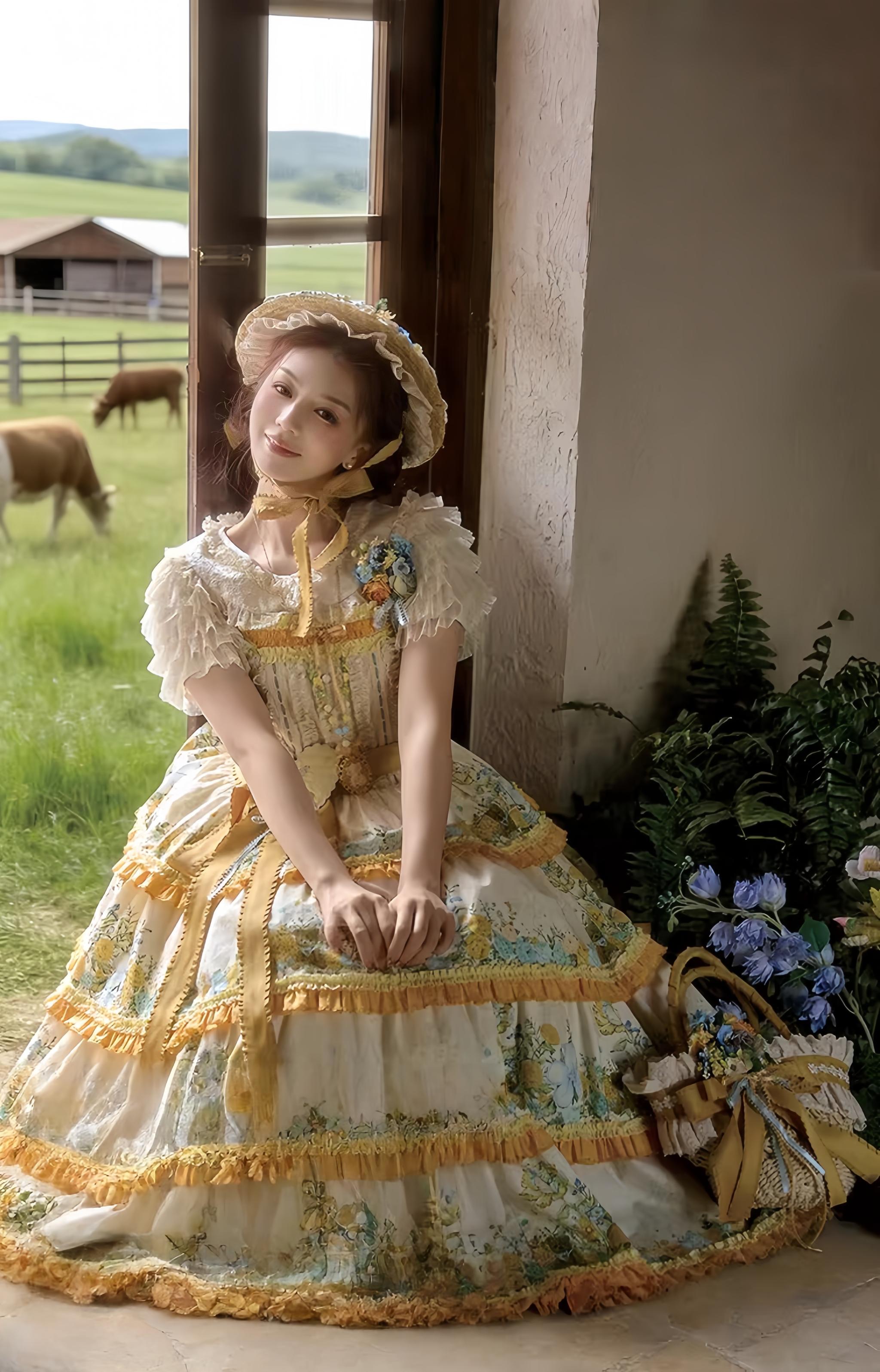 Flower Rabbit Bear - Country Lolita Tiered Skirt Dress, Floral & Bear Print and Accessories - image 15