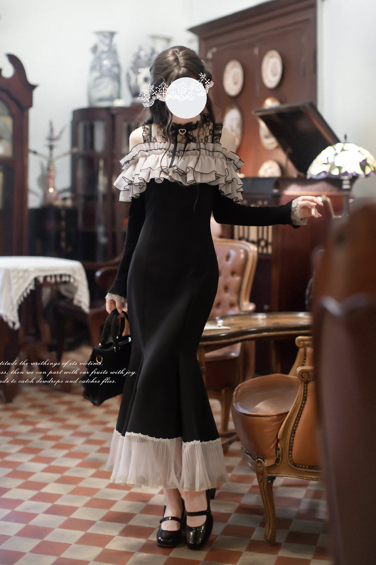 Night Cherry Blossoms Sweet Elegant Lolita Fishtail OP Dress in Black - image 1