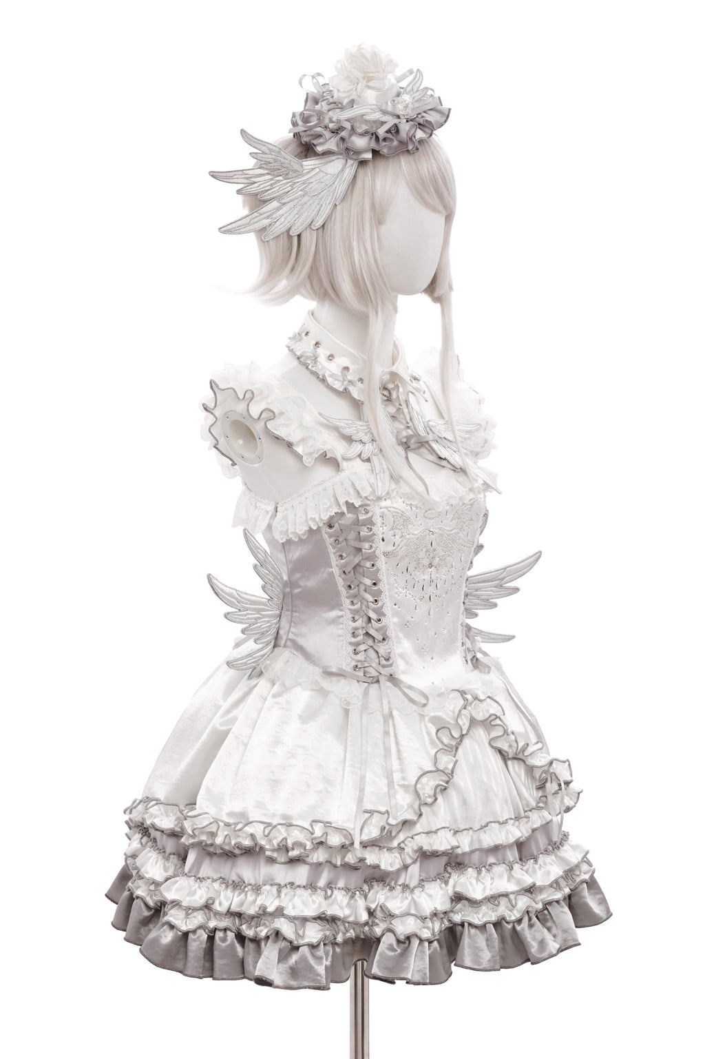 Metallic Angel - Silver-white Punk Lolita JSK, Wing and Rhinestone Details - image 32