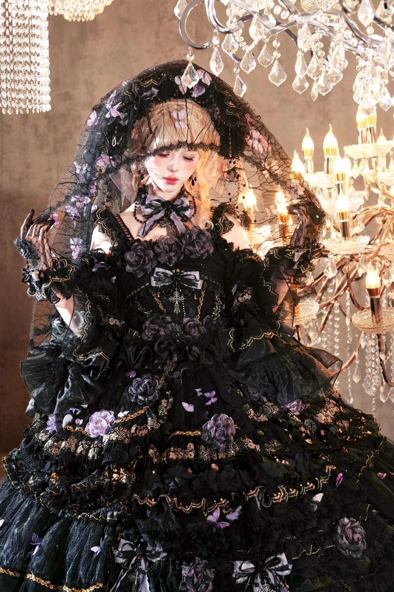 Moonlit Butterfly Dance Black Tiered Gothic Lolita JSK Dress Set - image 5