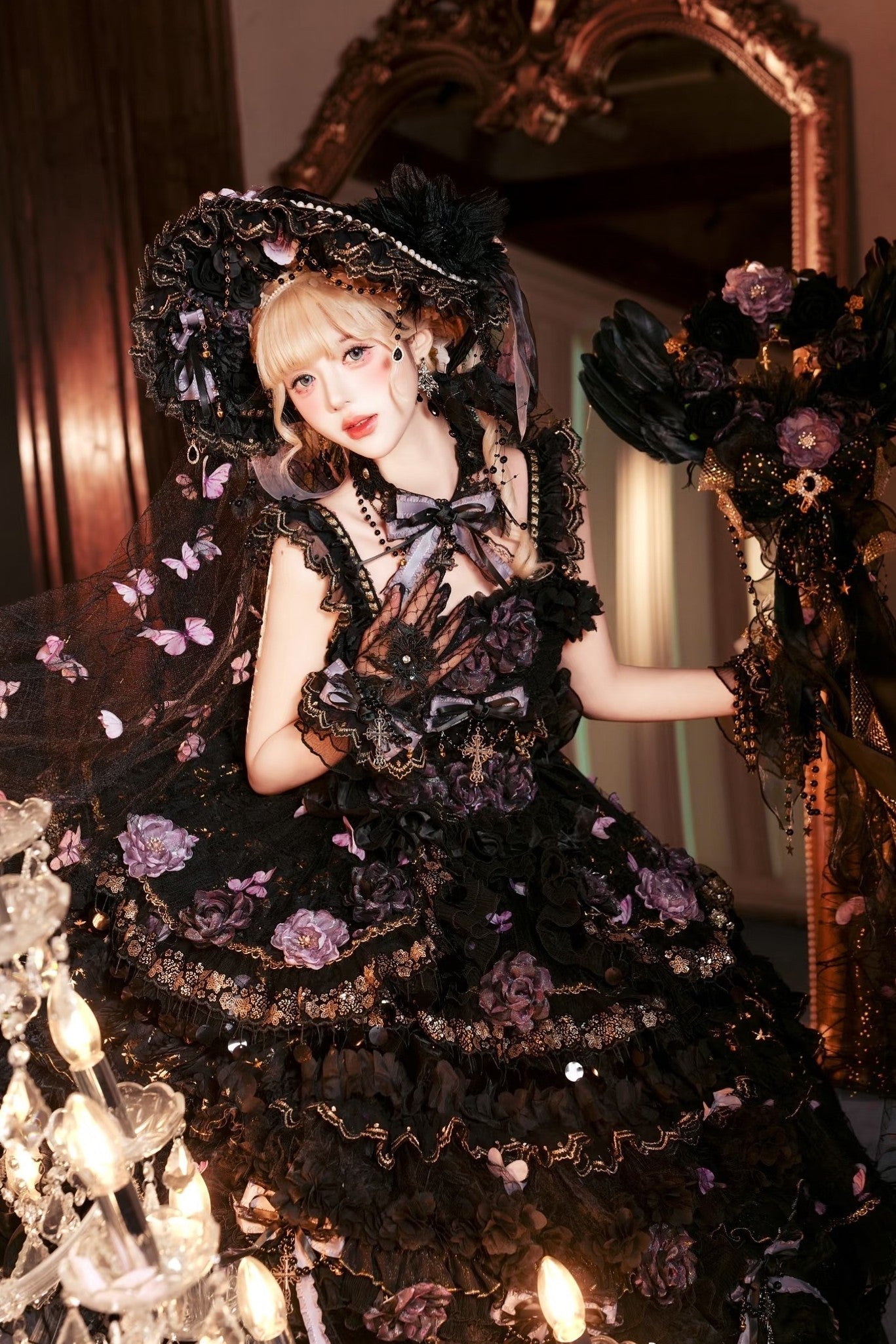Moonlit Butterfly Dance Black Tiered Gothic Lolita JSK Dress Set - image 4