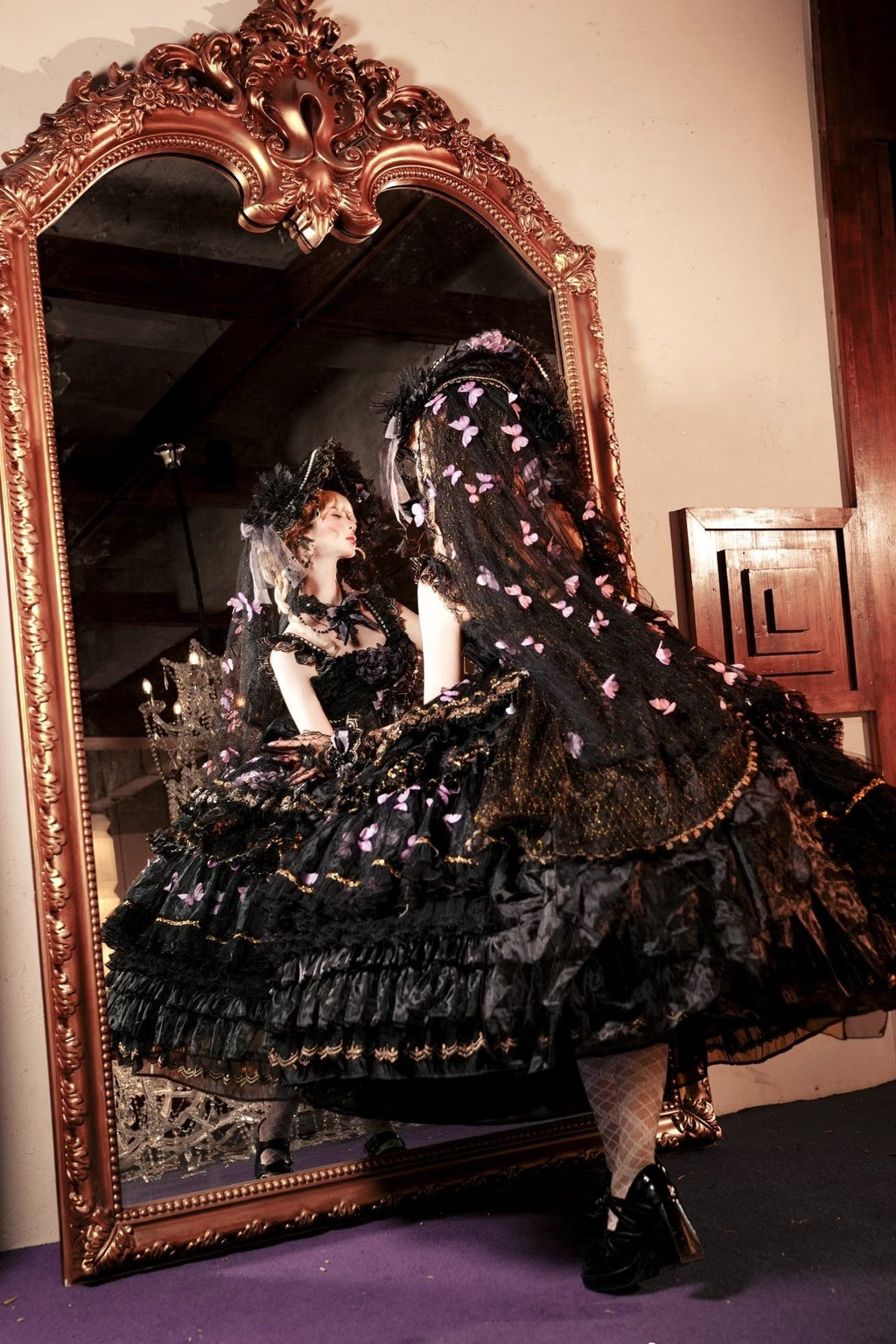 Moonlit Butterfly Dance Black Tiered Gothic Lolita JSK Dress Set - image 6