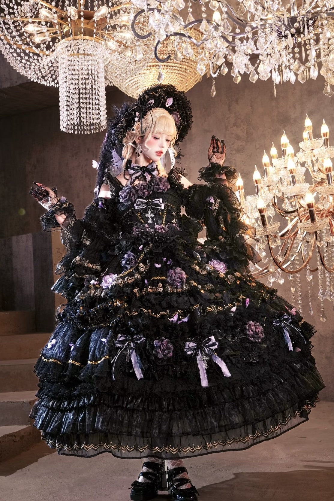 Moonlit Butterfly Dance Black Tiered Gothic Lolita JSK Dress Set - image 1
