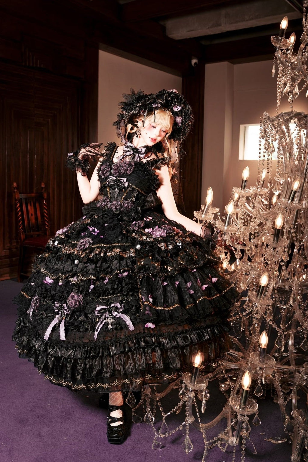 Moonlit Butterfly Dance Black Tiered Gothic Lolita JSK Dress Set - image 2