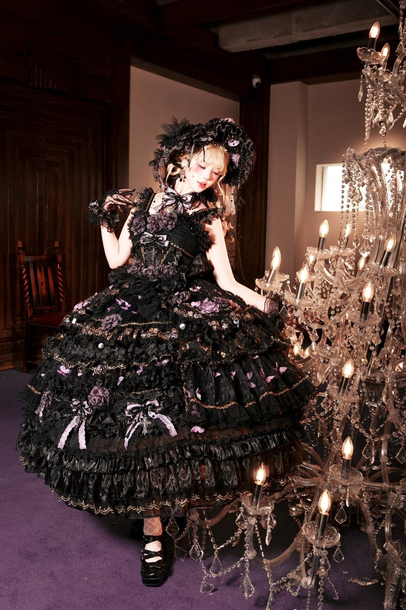 Moonlit Butterfly Dance Black Tiered Gothic Lolita JSK Dress Set - image 2