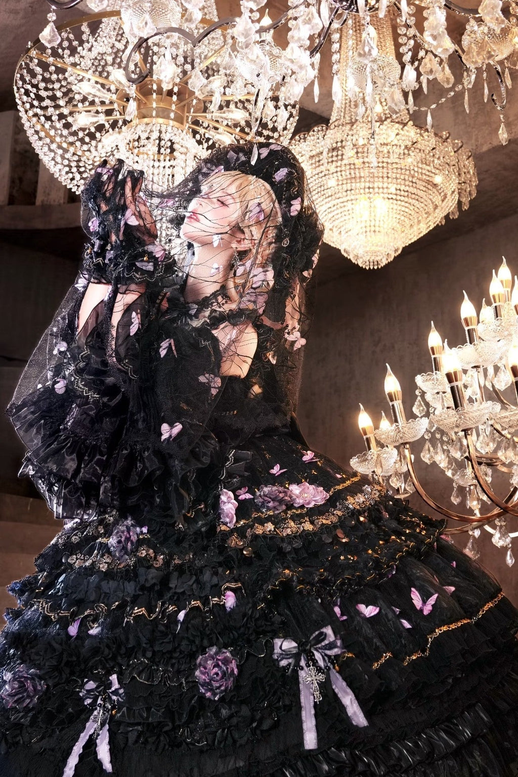 Moonlit Butterfly Dance Black Tiered Gothic Lolita JSK Dress Set - image 7