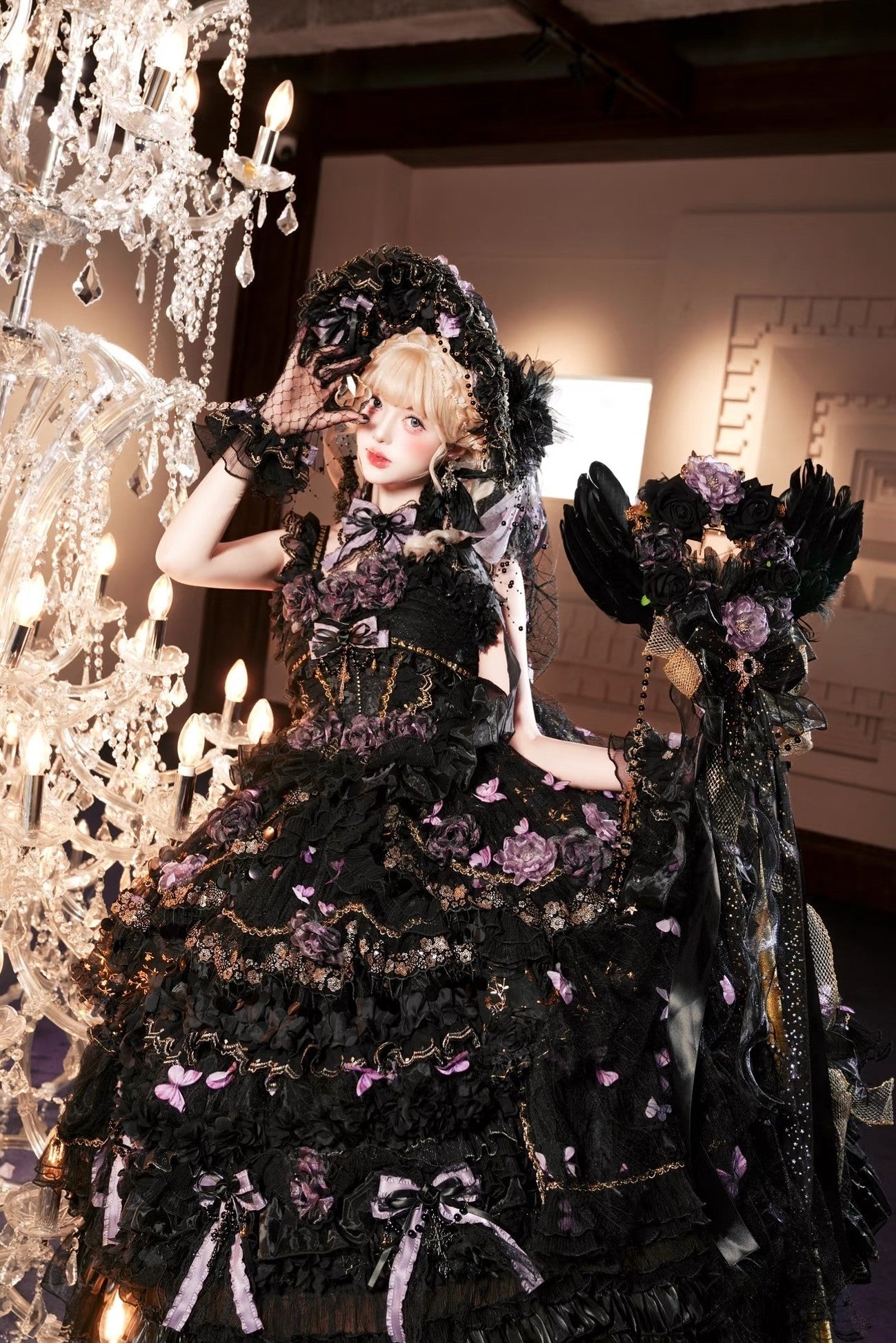 Moonlit Butterfly Dance Black Tiered Gothic Lolita JSK Dress Set - image 3