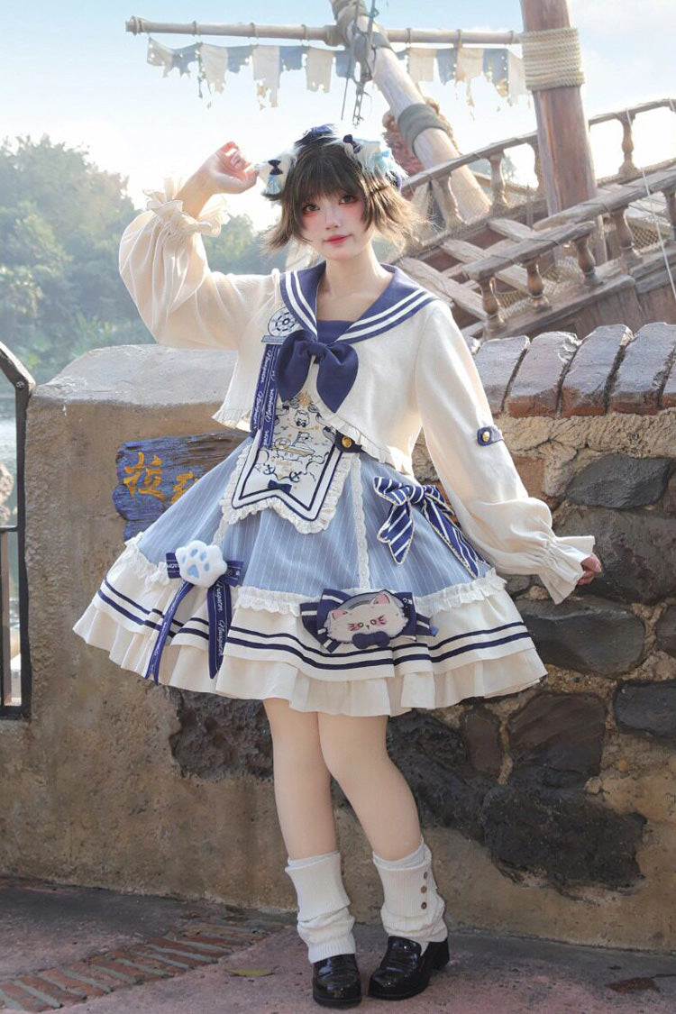 Ride the Wind and Waves - Double-Layered Printed Ruffled Bow Lace Sweet Lolita JSK Dress Set (Coat Included) - image 4
