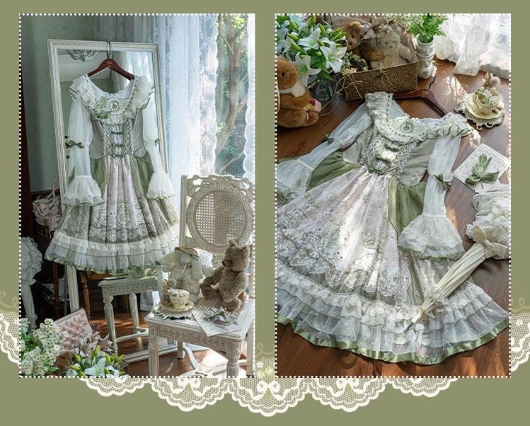 Teacup Bunny - Classic Lolita OP Dress, Fresh Green Floral Print and Accessories - image 9