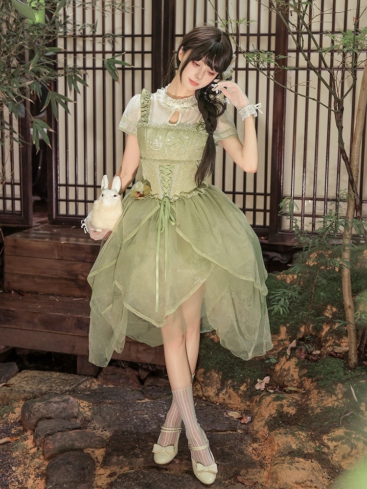 Green Orchid Chinoiserie Lolita OP Dress and Flower Hairclips Set - image 7