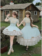 Beige and Blue Puff-Sleeve Lolita OP with Scalloped Hem and Butterfly Bows - image 9