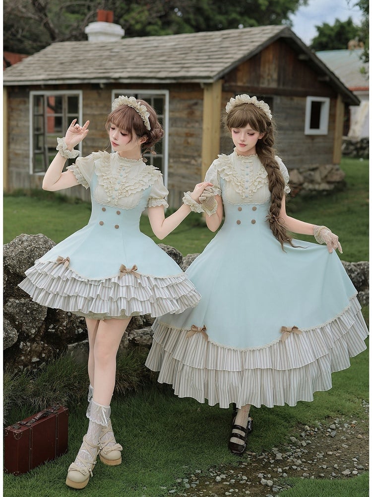 Beige and Blue Puff-Sleeve Lolita OP with Scalloped Hem and Butterfly Bows - image 9