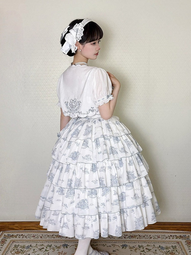 Blue and White Floral Print Lolita JSK with Bow Details - image 12