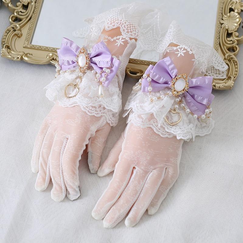 Vintage Lolita Lace Gloves with Bow and Bead Chain - image 5