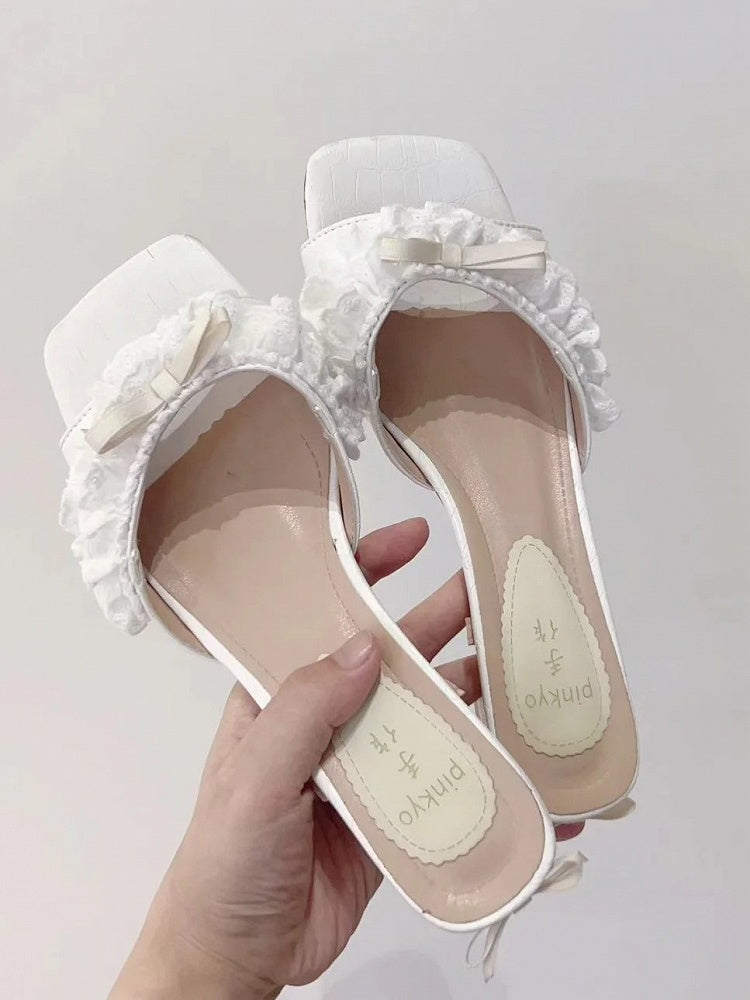 Pinkyo White Bow Ruffle Low-Heel Lolita Sandals - image 2