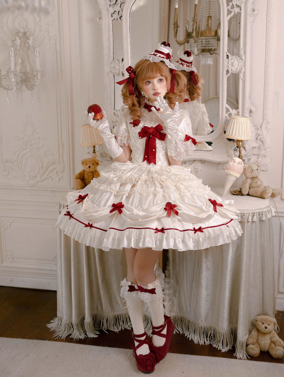 Paria Cream Strawberry Satin Lolita OP Dress and Accessories - image 4