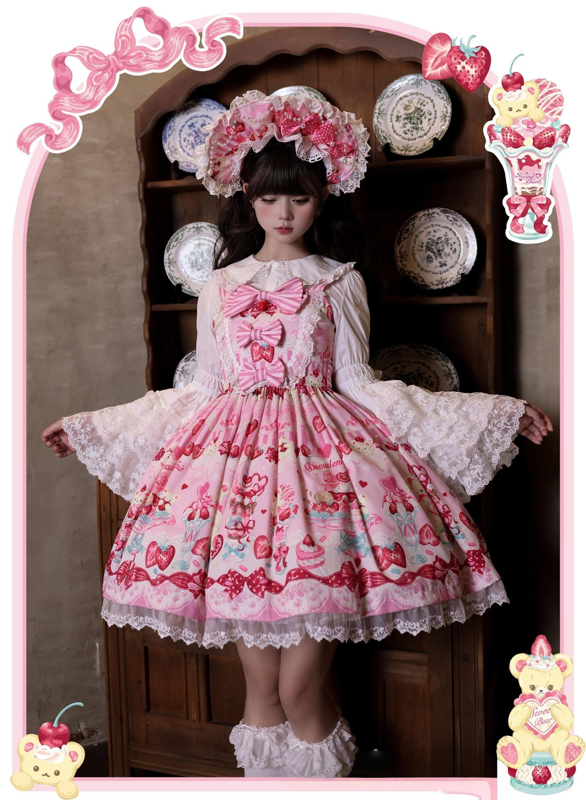 Strawberry Parfait - Strawberry Print Sweet Lolita JSK Dress, Side Pocket and Accessories - image 2