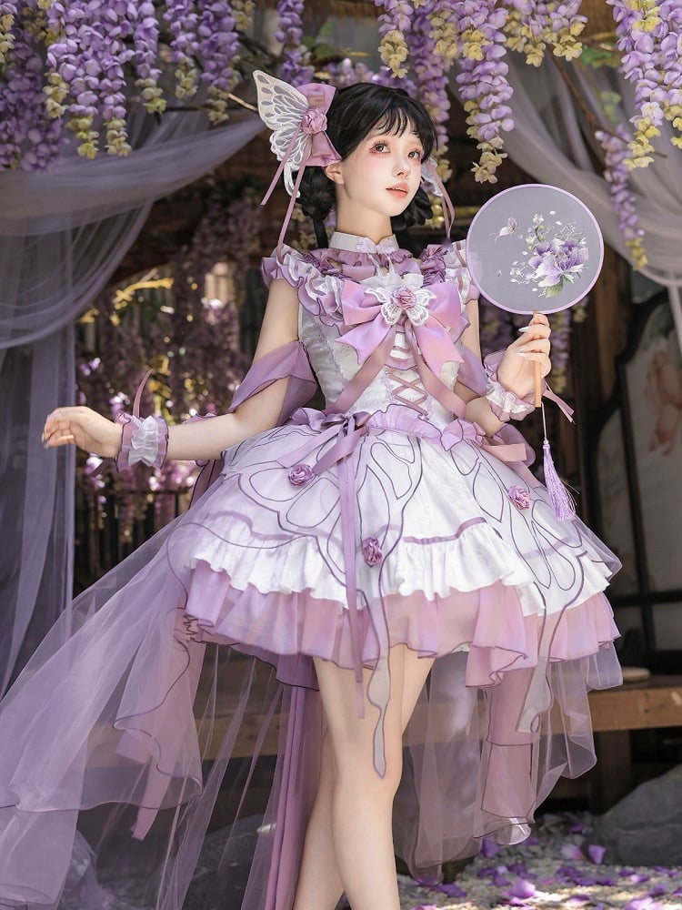 Chinese-Inspired Butterfly Lolita Dress Set with Headpiece and Wrist Cuffs - image 3