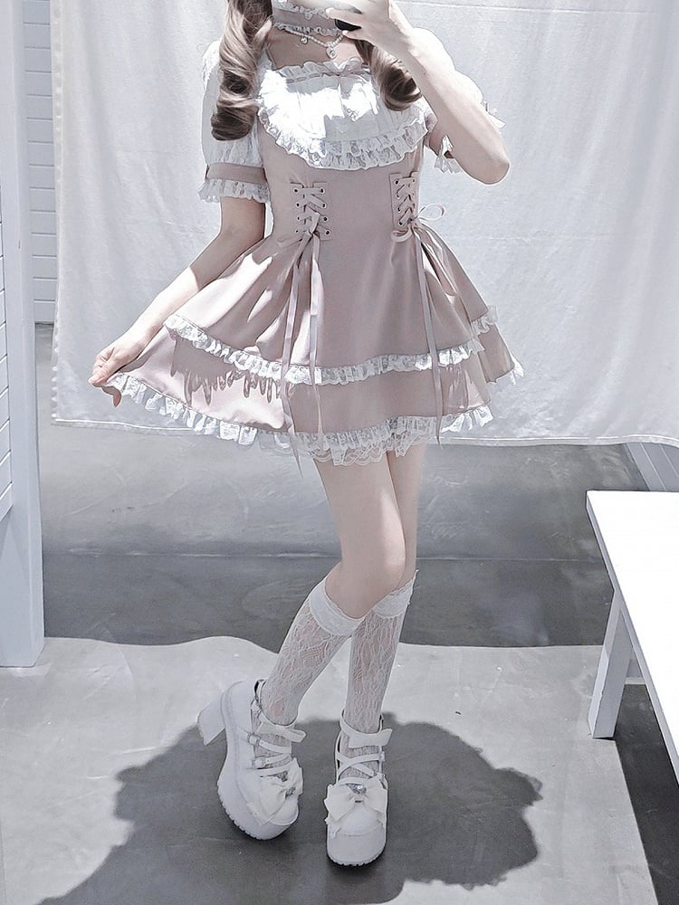 Shirohato Pink and White Ryousangata Dress Choker and Shorts Set - image 3