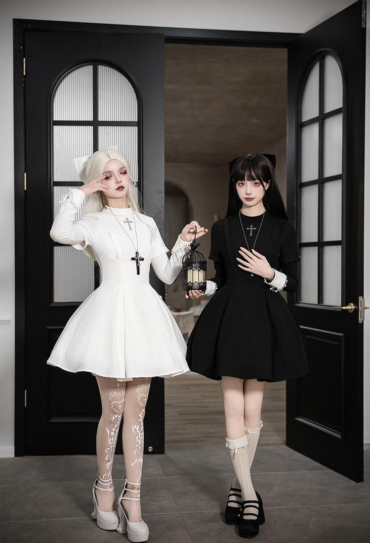 Nihil - Gothic Nun Lolita OP Dress, Irregular Hem Cape and Accessories - image 4