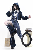 Indigo Shadow Journey - Stand Collar Long Sleeves Embroidered Hooded Asymmetric Punk Ouji Lolita Dress Four-Piece Set - image 9