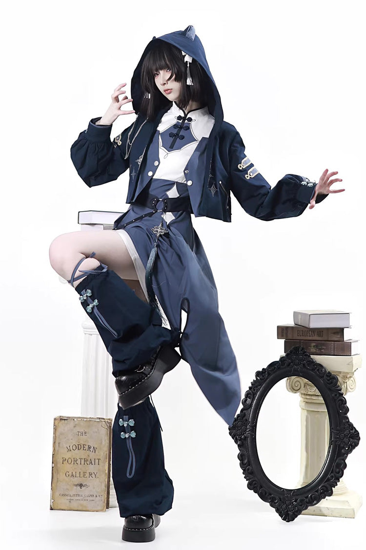 Indigo Shadow Journey - Stand Collar Long Sleeves Embroidered Hooded Asymmetric Punk Ouji Lolita Dress Four-Piece Set - image 9