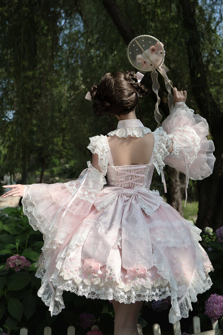 Spring Entwined with Cherry Clouds - Short Sleeves Embroidered Bow Lace Sweet Lolita Dress - image 9