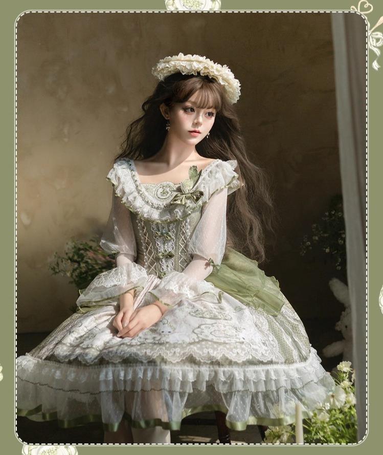 Teacup Bunny - Classic Lolita OP Dress, Fresh Green Floral Print and Accessories - image 4