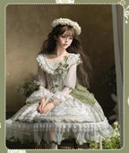 Teacup Bunny - Classic Lolita OP Dress, Fresh Green Floral Print and Accessories - image 4
