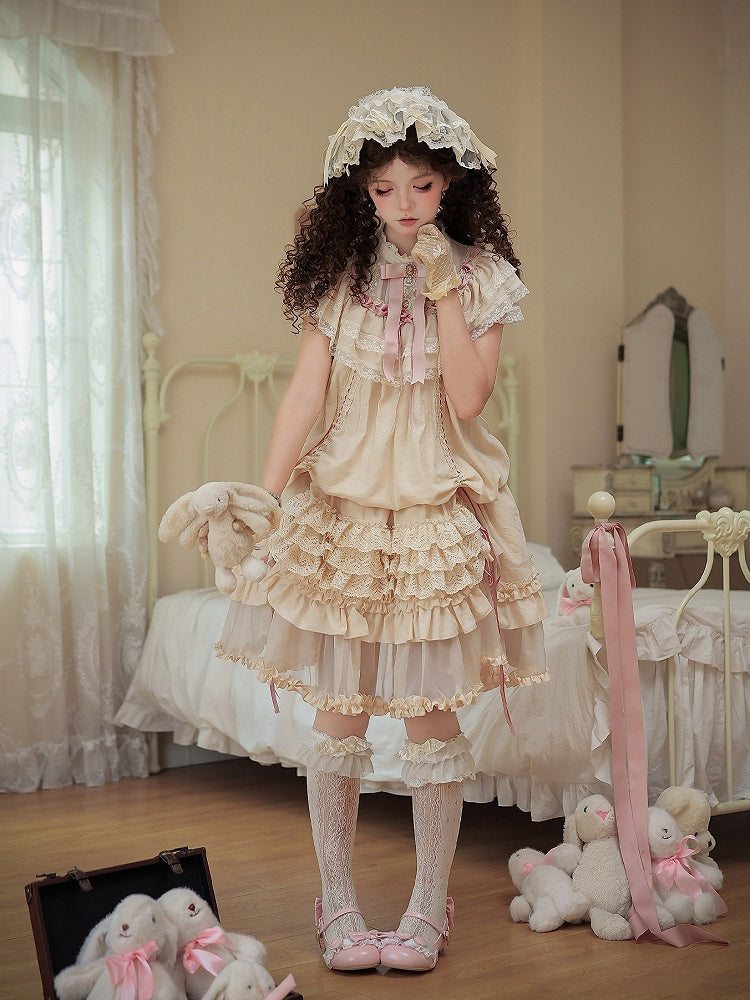 Beige Rosette Jacquard Lolita OP Dress with Layered Ruffles - image 5