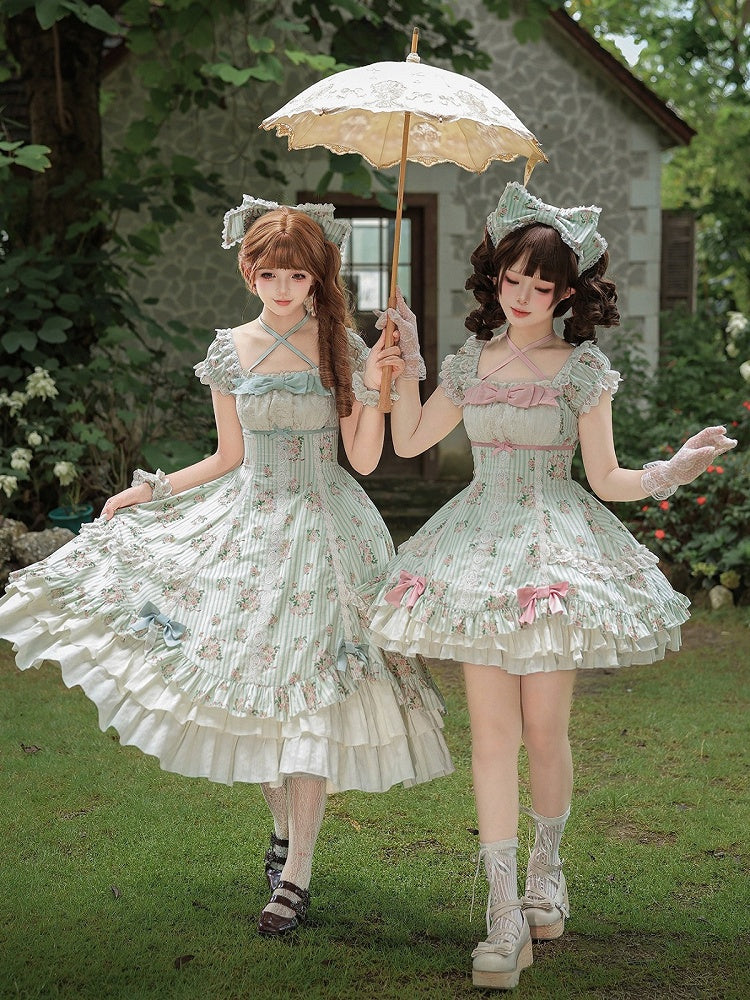 Green Floral Striped Lolita OP Set with Hair Clip and Choker - image 9